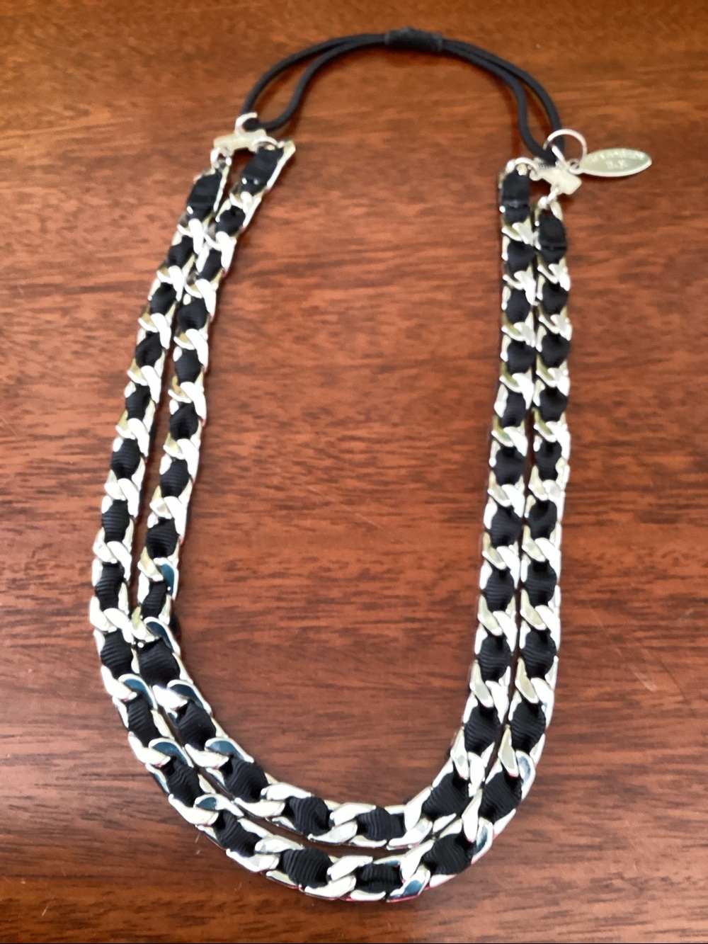 Cara Couture NY Silver Tone Black Grosgrain Ribbon Necklace Edgy Glam